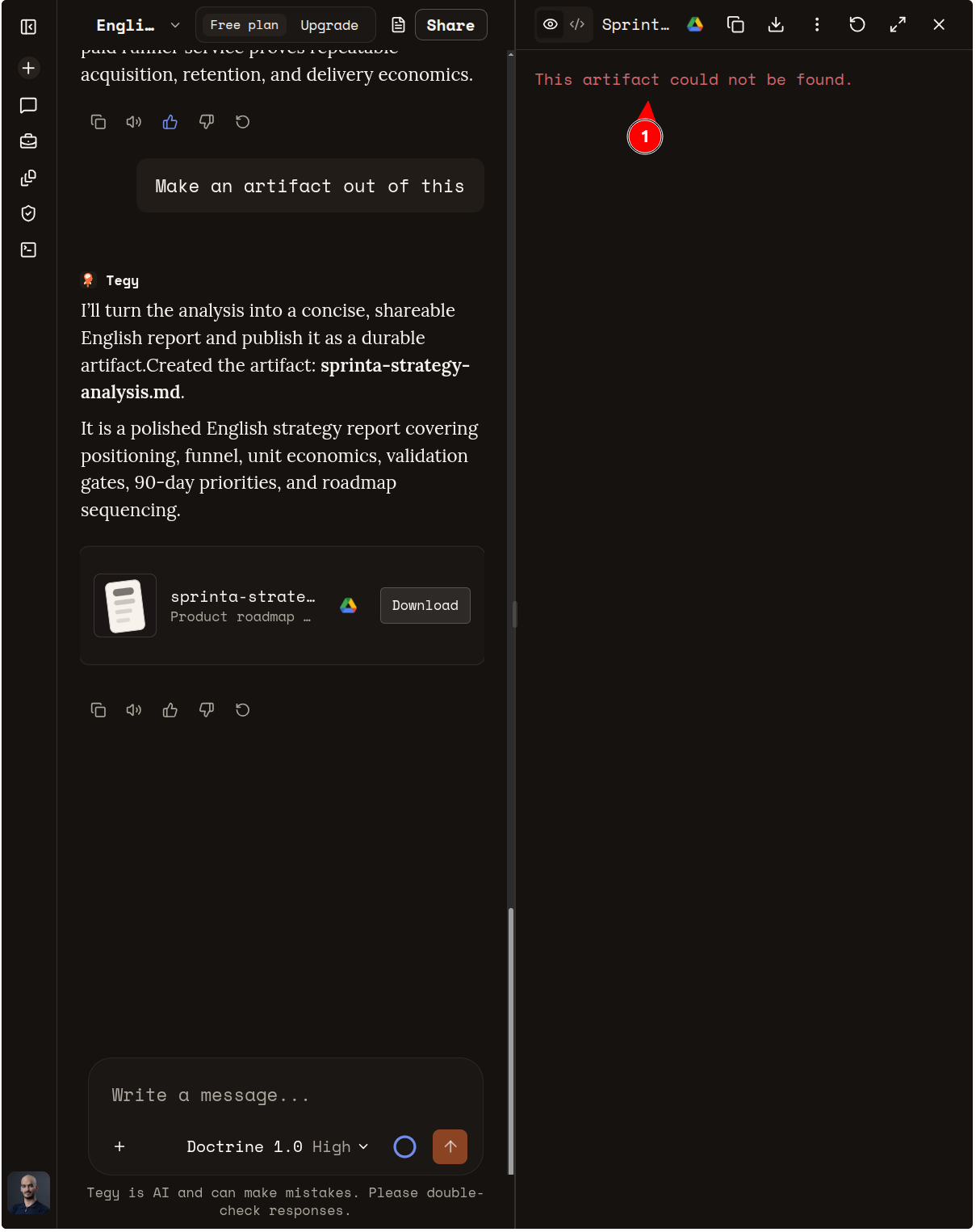 Original user capture showing an artifact title beside a This artifact could not be found message