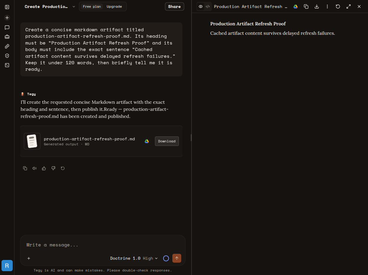 Production Tegy artifact panel after refresh with the exact cached-content proof sentence visible