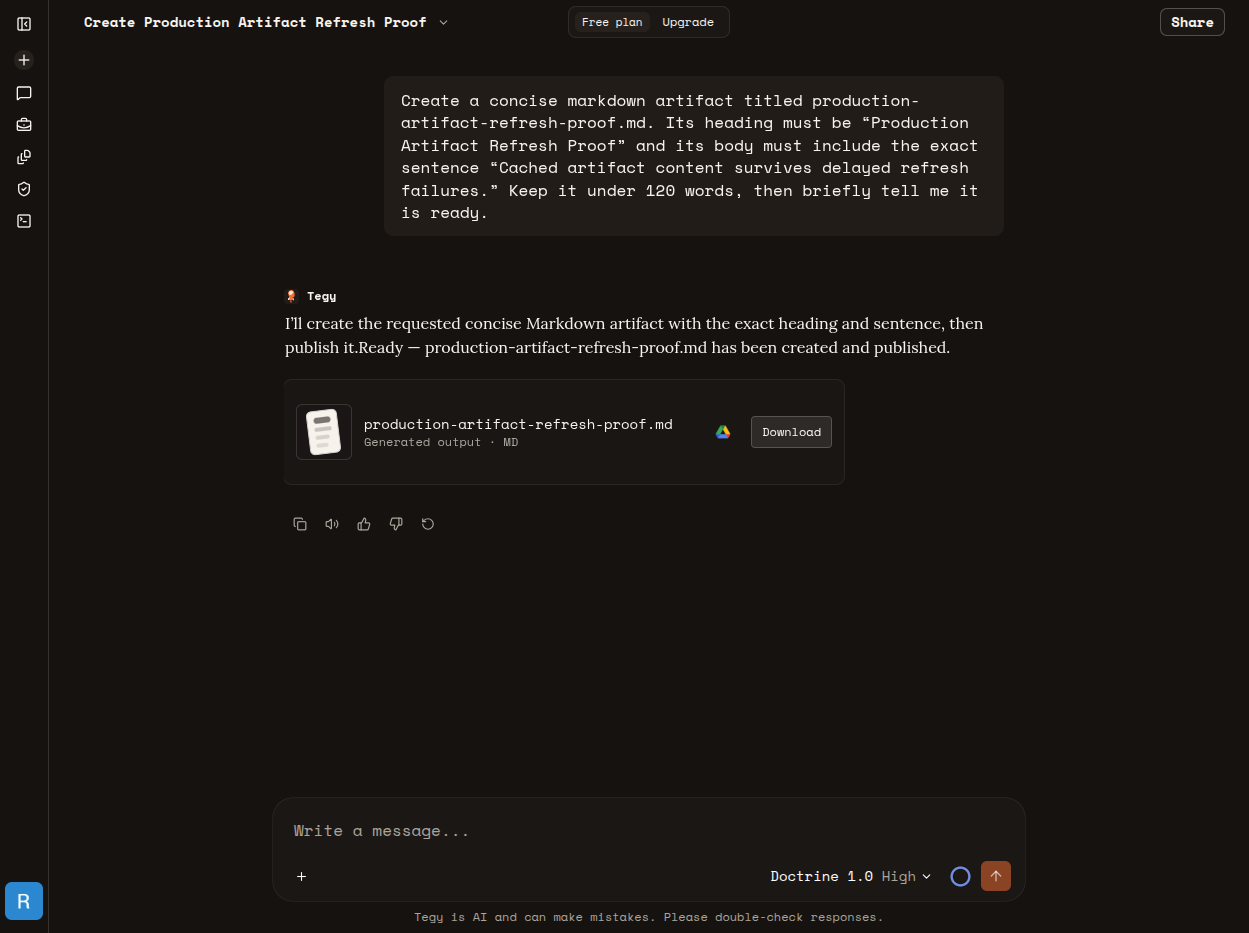 Fresh production Tegy chat with the generated artifact card visible