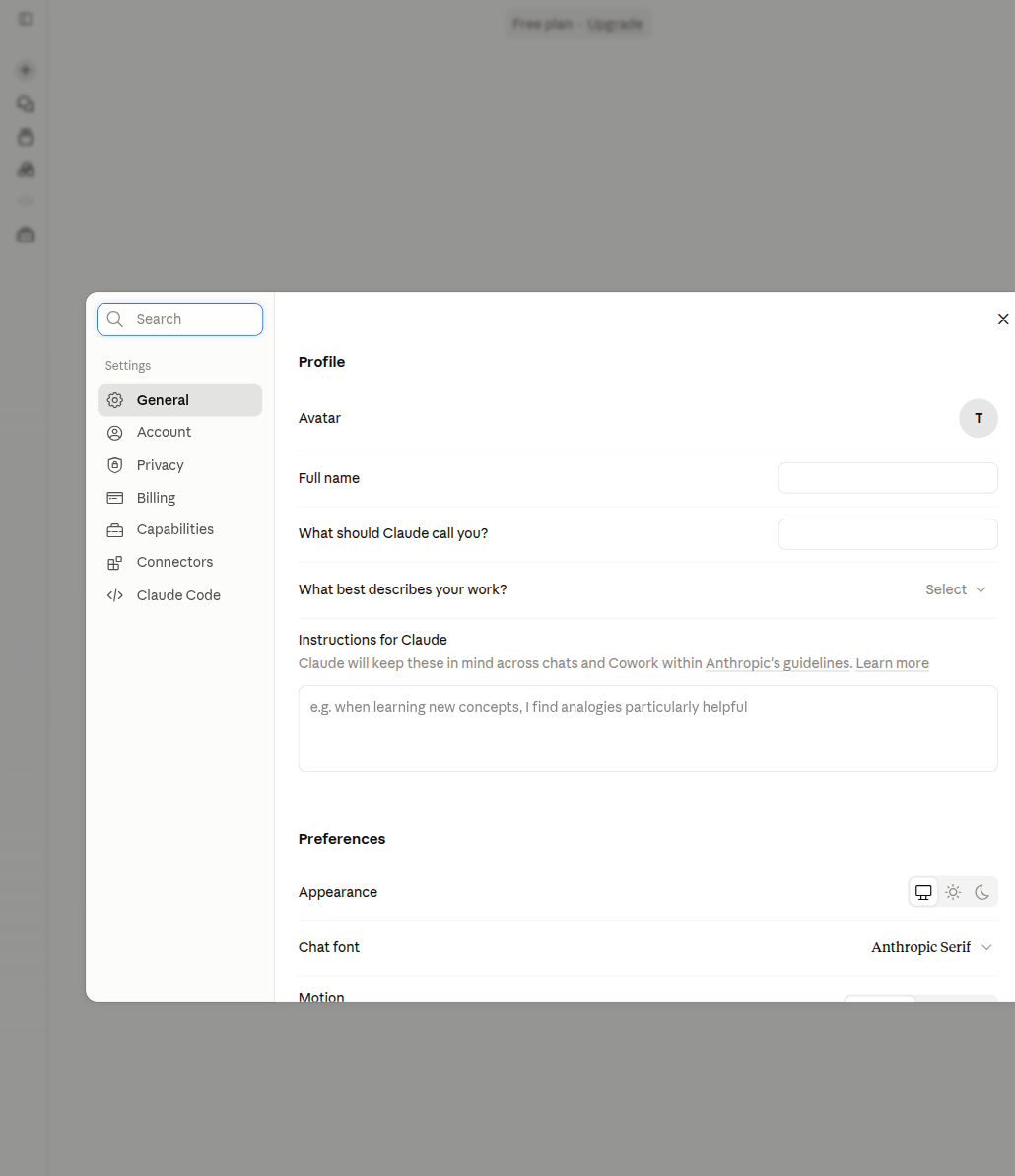 Claude settings modal general tab
