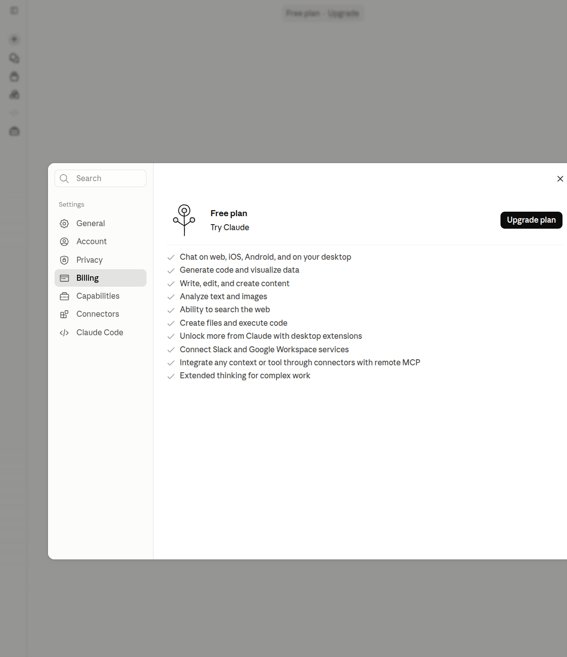 Claude settings billing tab free plan