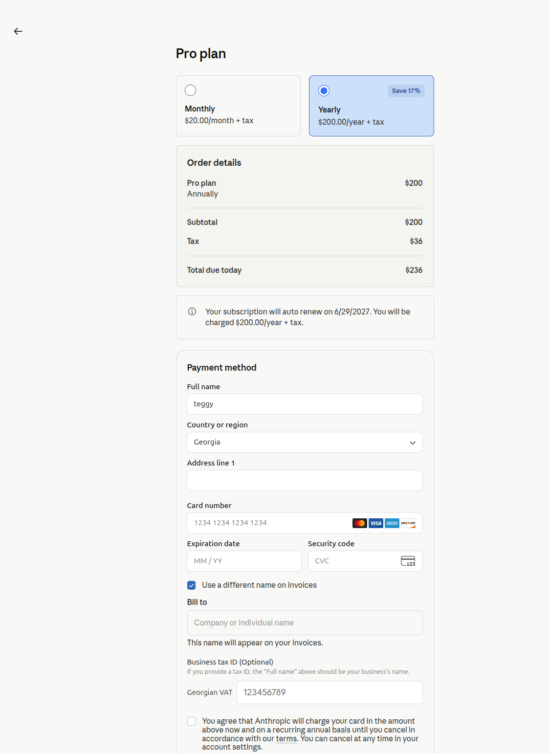 Claude Pro checkout invoice name expanded