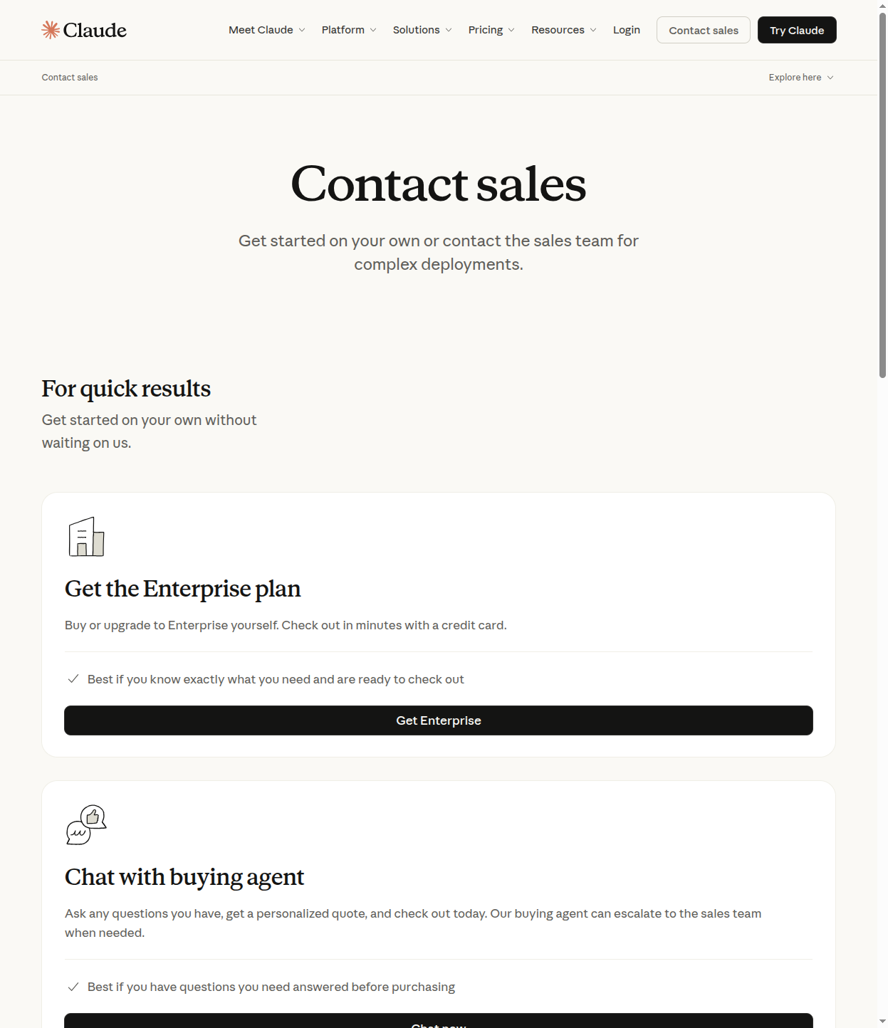 Claude contact sales page opened from enterprise branch