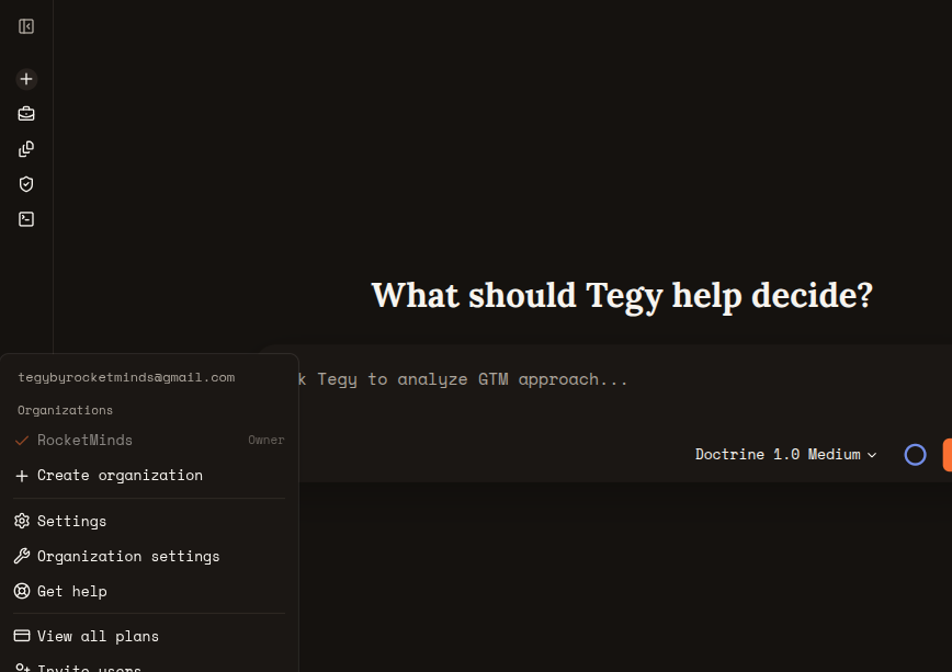 Production Tegy account menu showing RocketMinds organization
