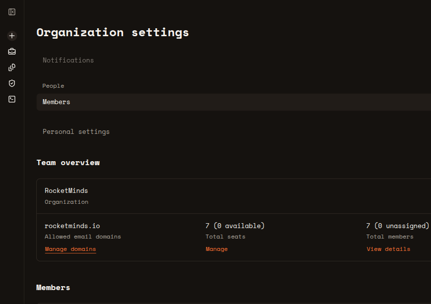 Production Tegy organization settings showing RocketMinds members