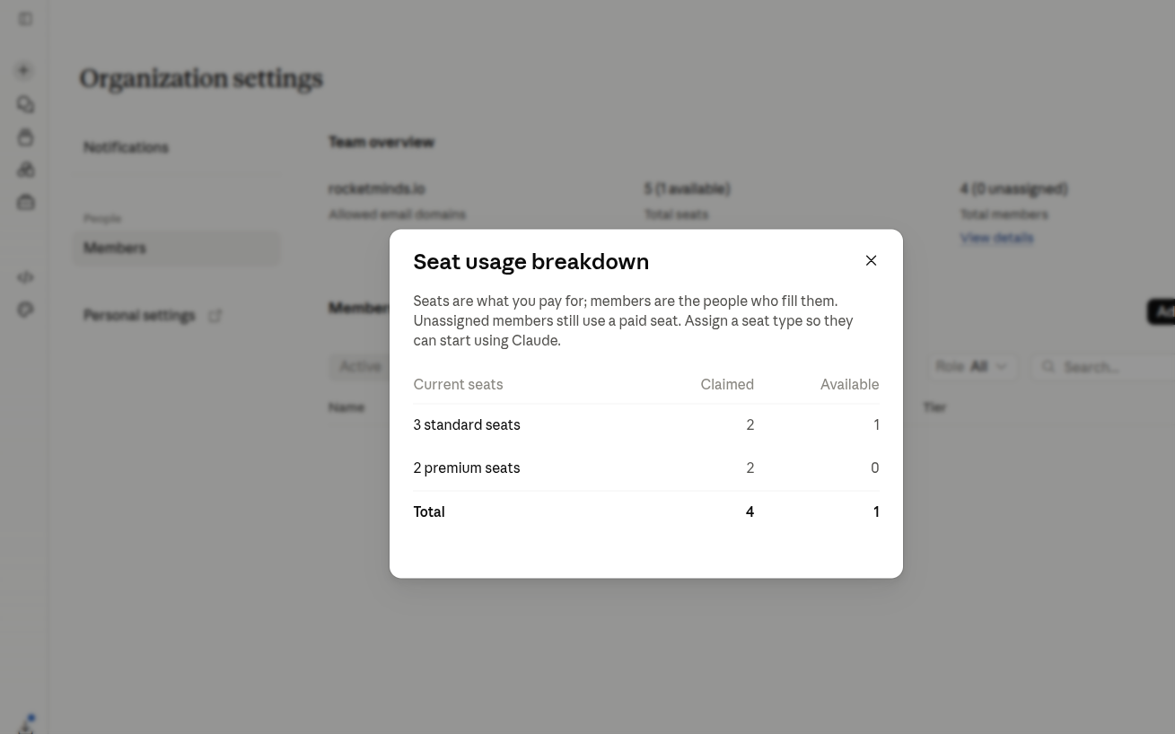 Claude seat usage dialog