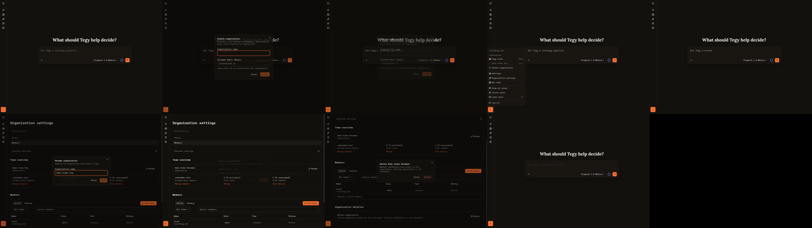 Tegy org lifecycle demo contact sheet