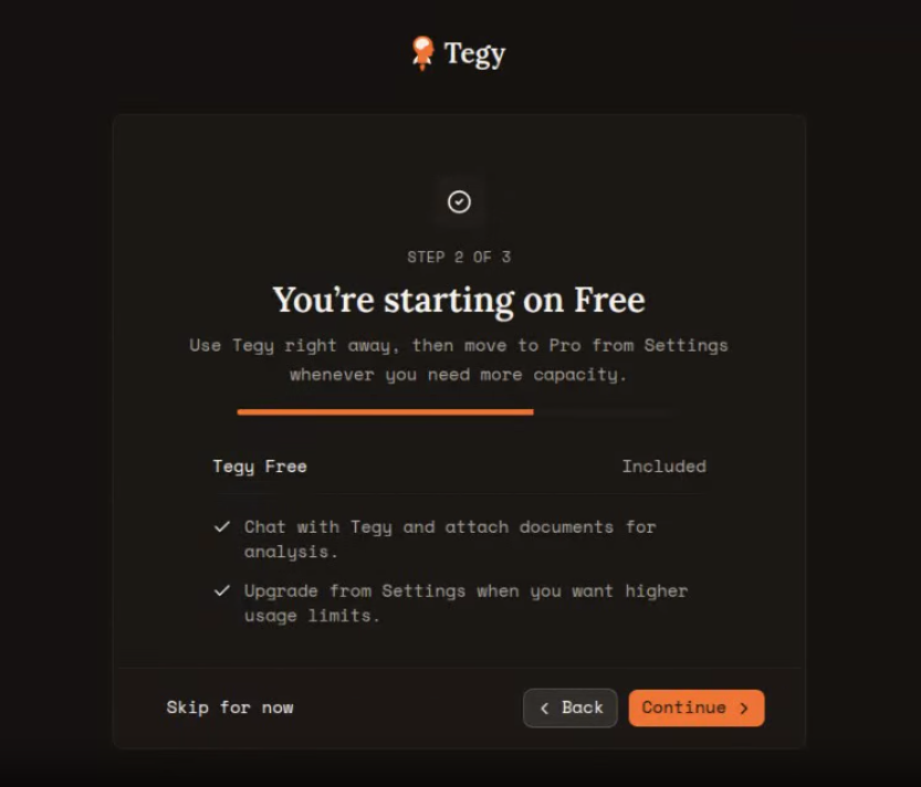 Previous Tegy onboarding Free interstitial with step counter, progress bar, Back, Continue, and Skip controls