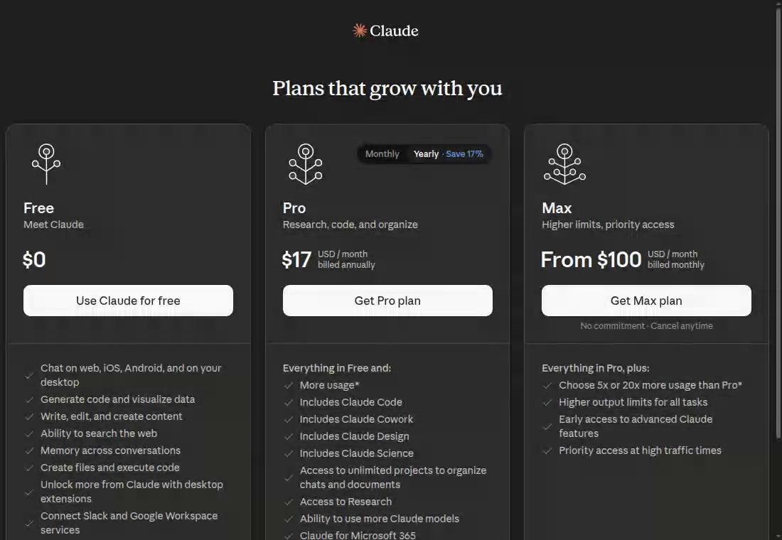 Claude onboarding plan chooser with three side-by-side plan cards