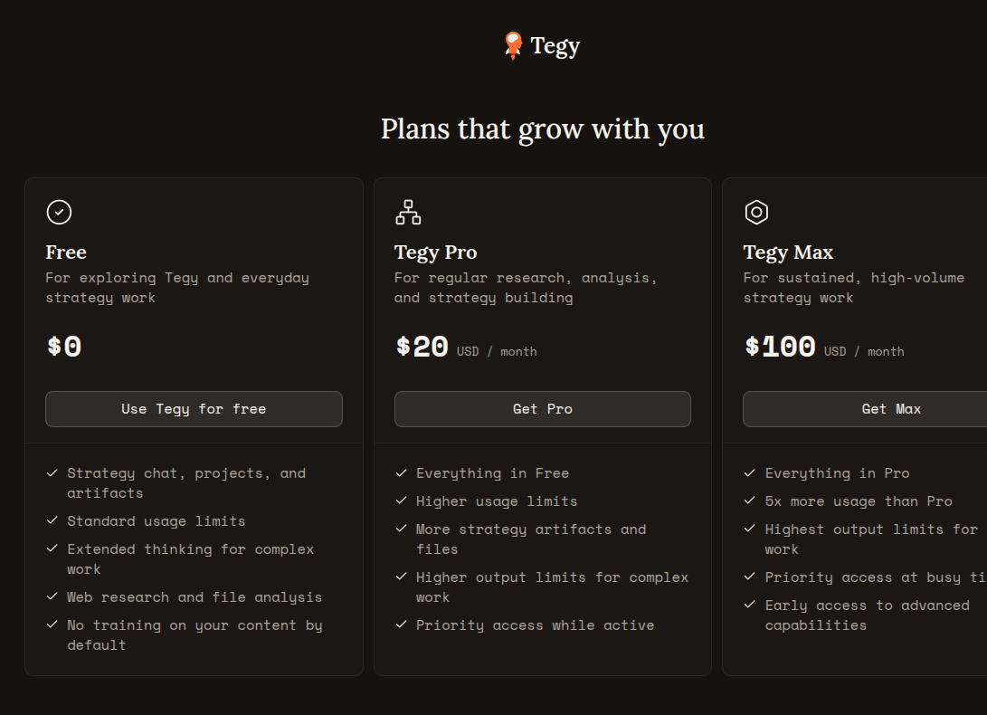 Updated Tegy onboarding plan chooser on desktop with Free, Tegy Pro, and Tegy Max cards
