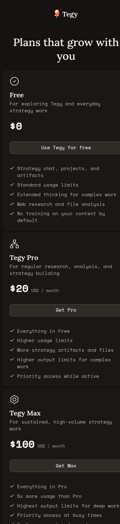 Updated Tegy onboarding plan chooser stacked vertically on a narrow mobile viewport