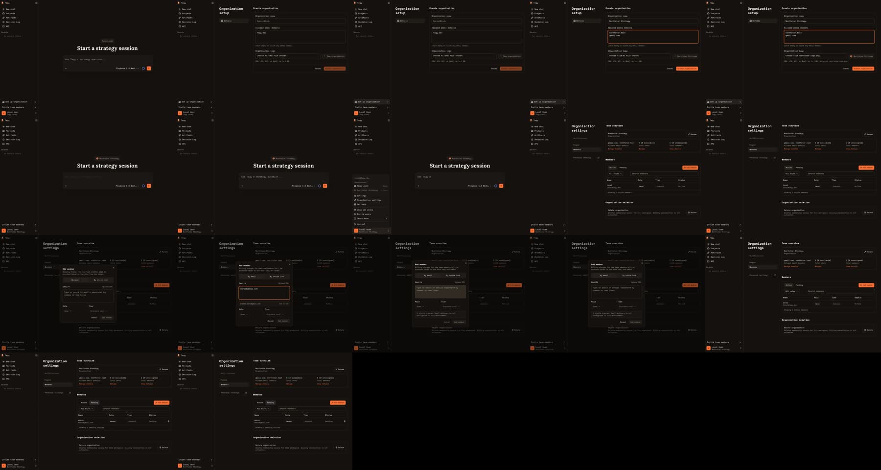 Contact sheet showing the full organization setup video sequence