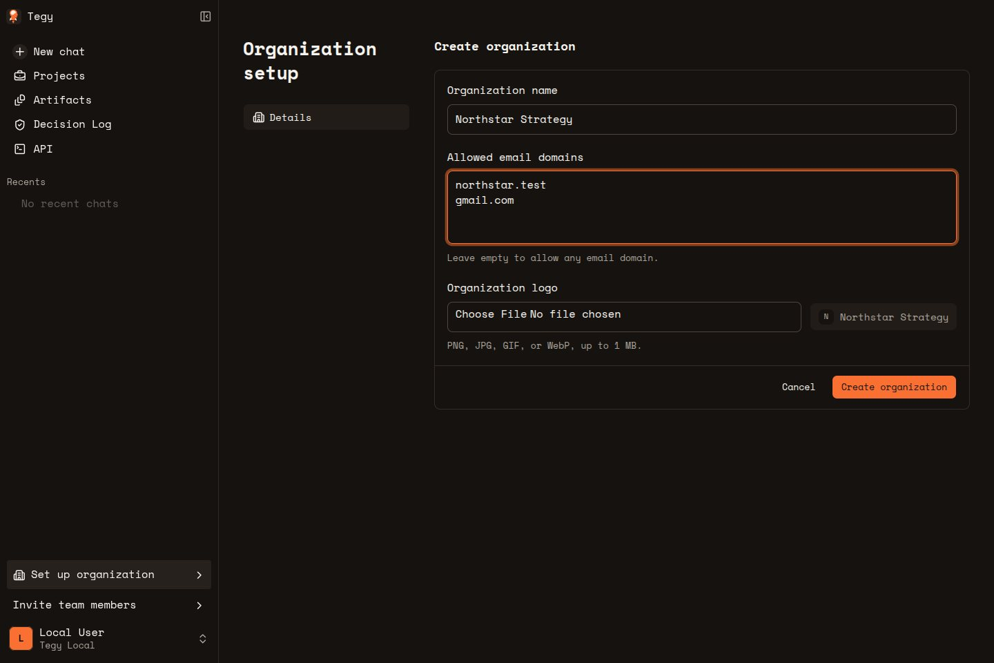 Organization setup form