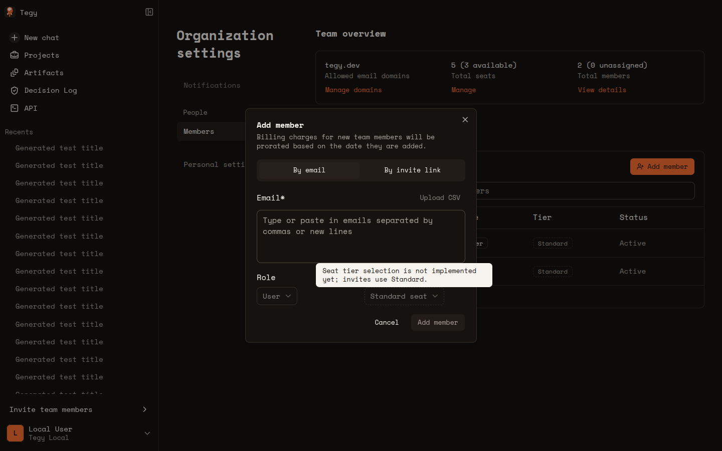 Add member dialog with disabled tier selector tooltip