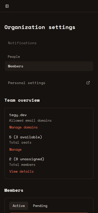 Organization settings route at 390 pixel mobile width