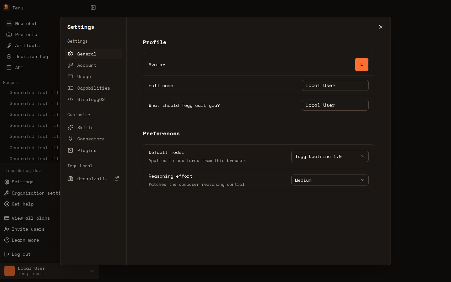 Personal settings sidebar with Organization entry
