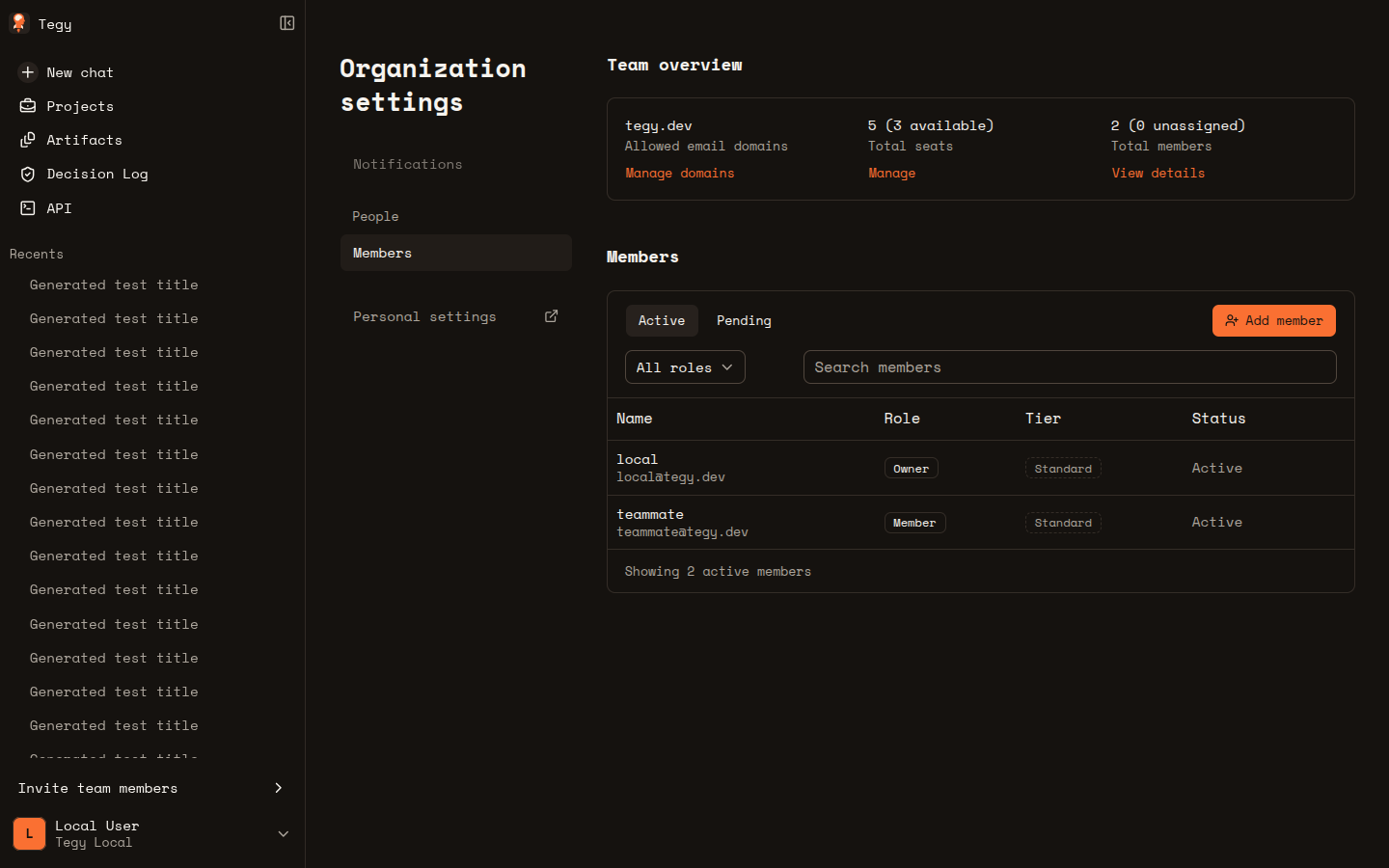 Organization settings members route
