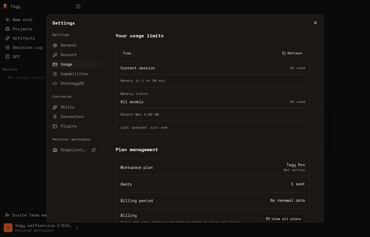 Tegy production Settings Usage surface showing Free plan usage limits