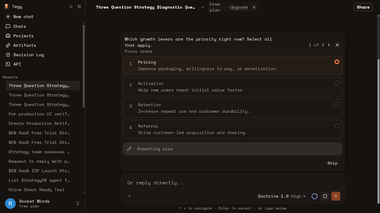 Production Tegy questionnaire with Pricing selected in orange