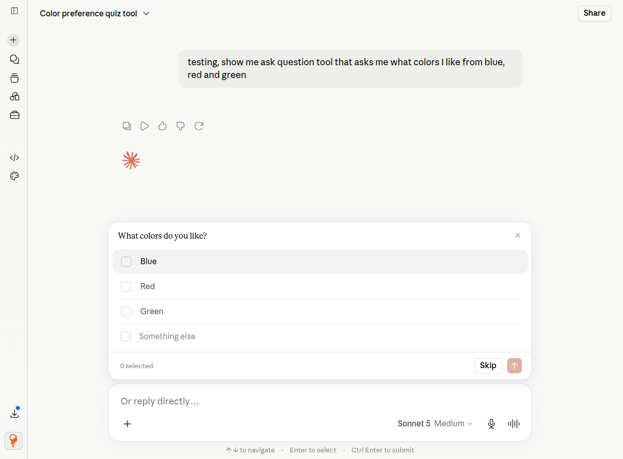 Claude ready questionnaire card with direct reply composer