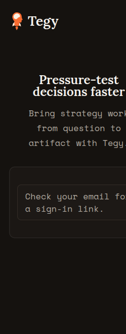 Tegy login page after submitting a Gmail plus alias