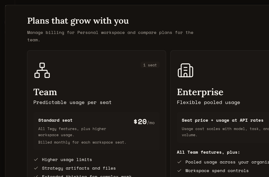 Tegy billing page showing upgrade plans for the personal workspace