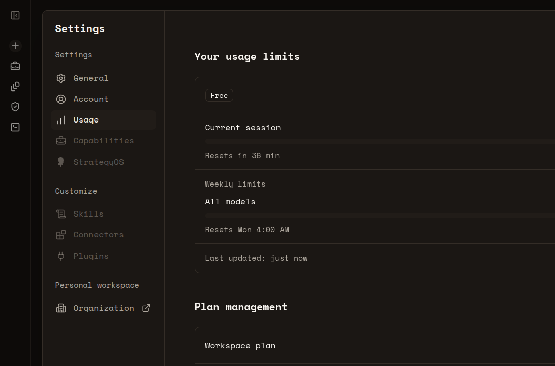 Tegy settings usage page showing Free usage limits