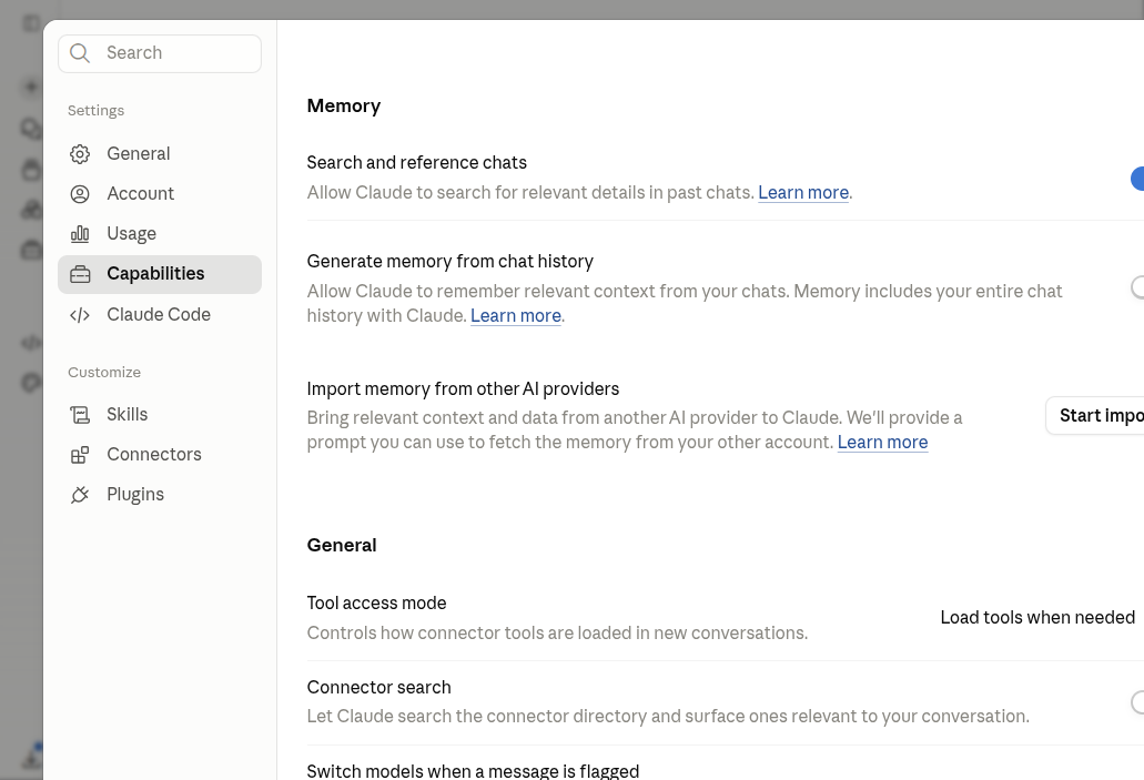 Claude settings Capabilities section screenshot