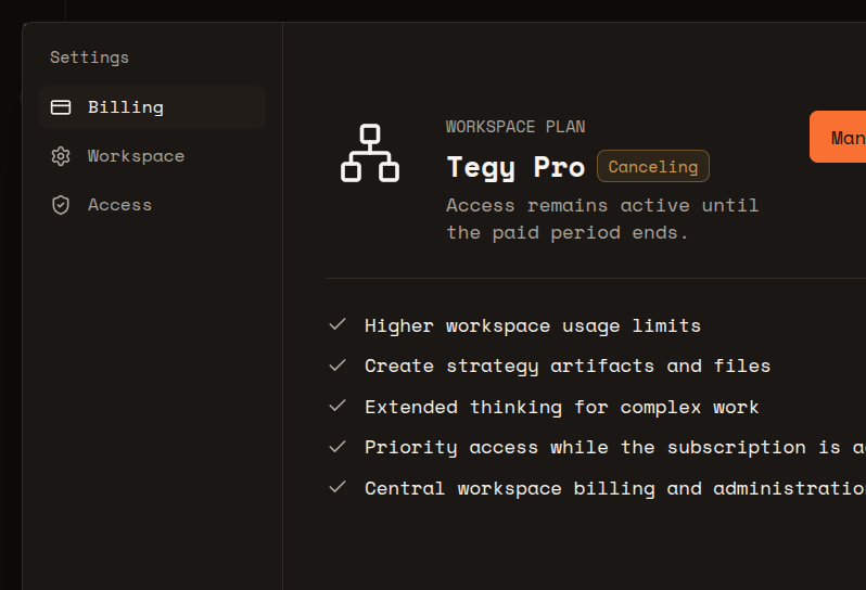Tegy billing handoff screenshot