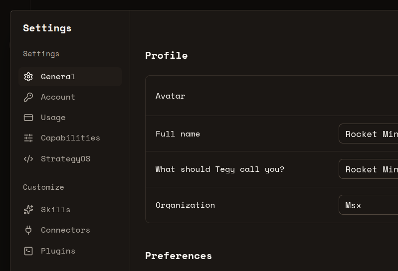 Tegy settings General section screenshot