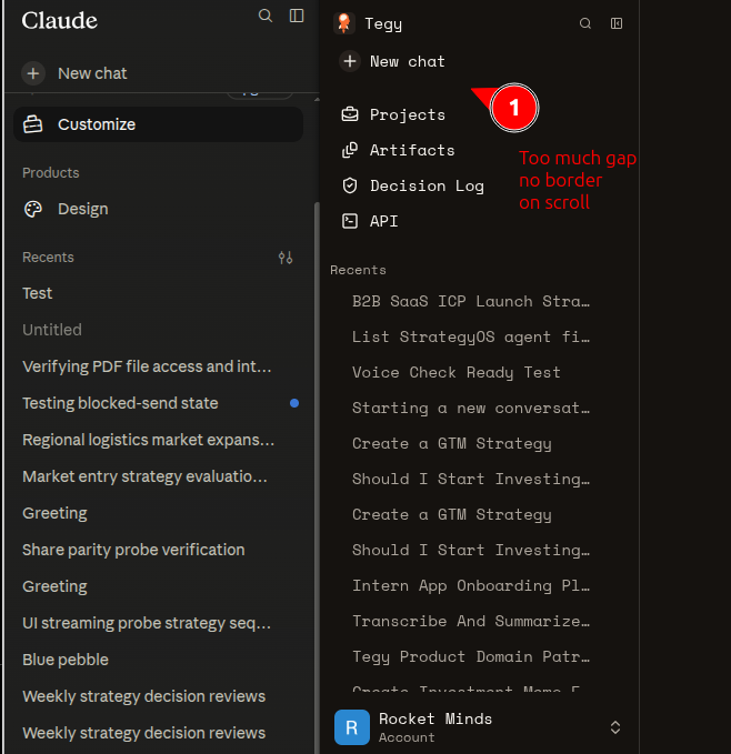 User-supplied comparison highlighting the oversized Tegy gap and missing native scrollbar controls