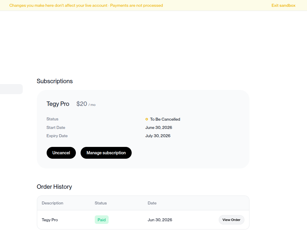 Polar sandbox portal showing Tegy Pro scheduled for cancellation