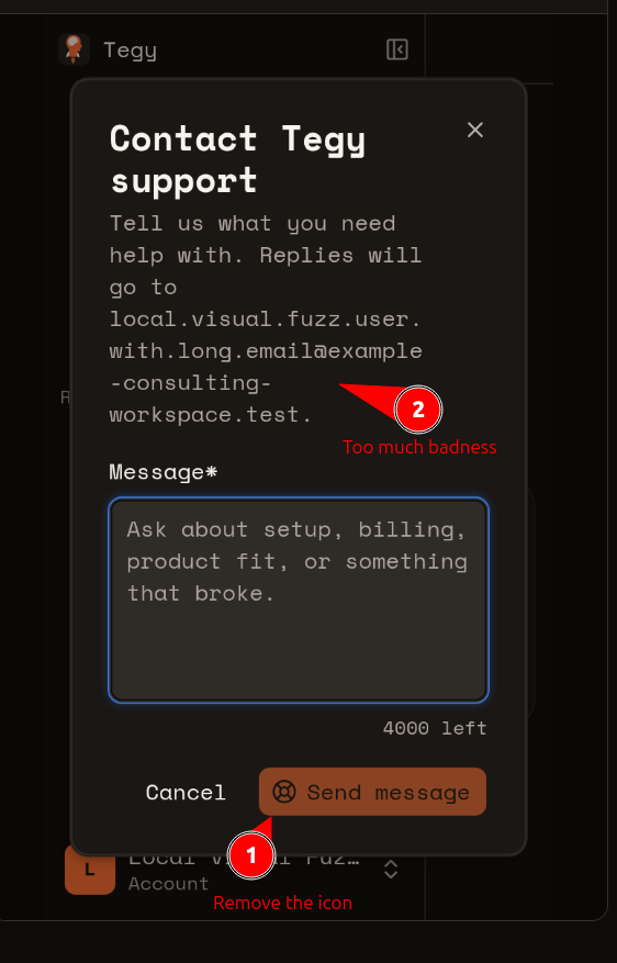 Annotated support dialog before the copy cleanup