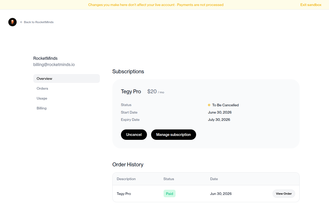 Polar customer portal showing Tegy Pro subscription to be cancelled.