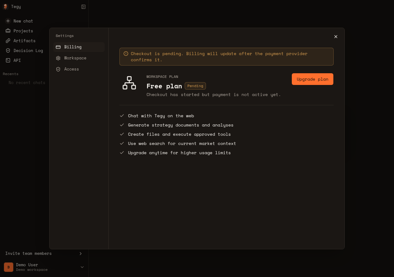Tegy pending billing dialog after alignment.