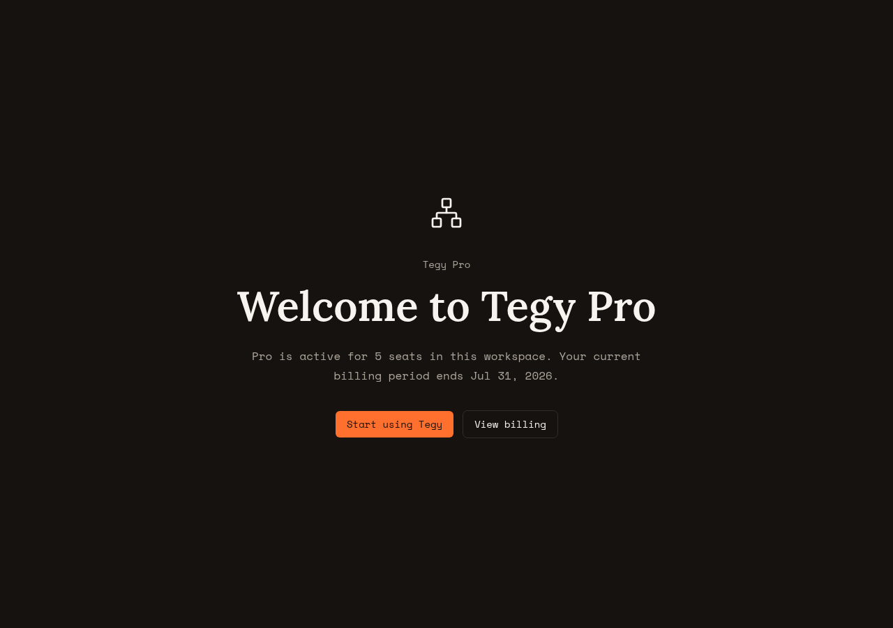 Tegy Welcome to Pro splash after alignment.